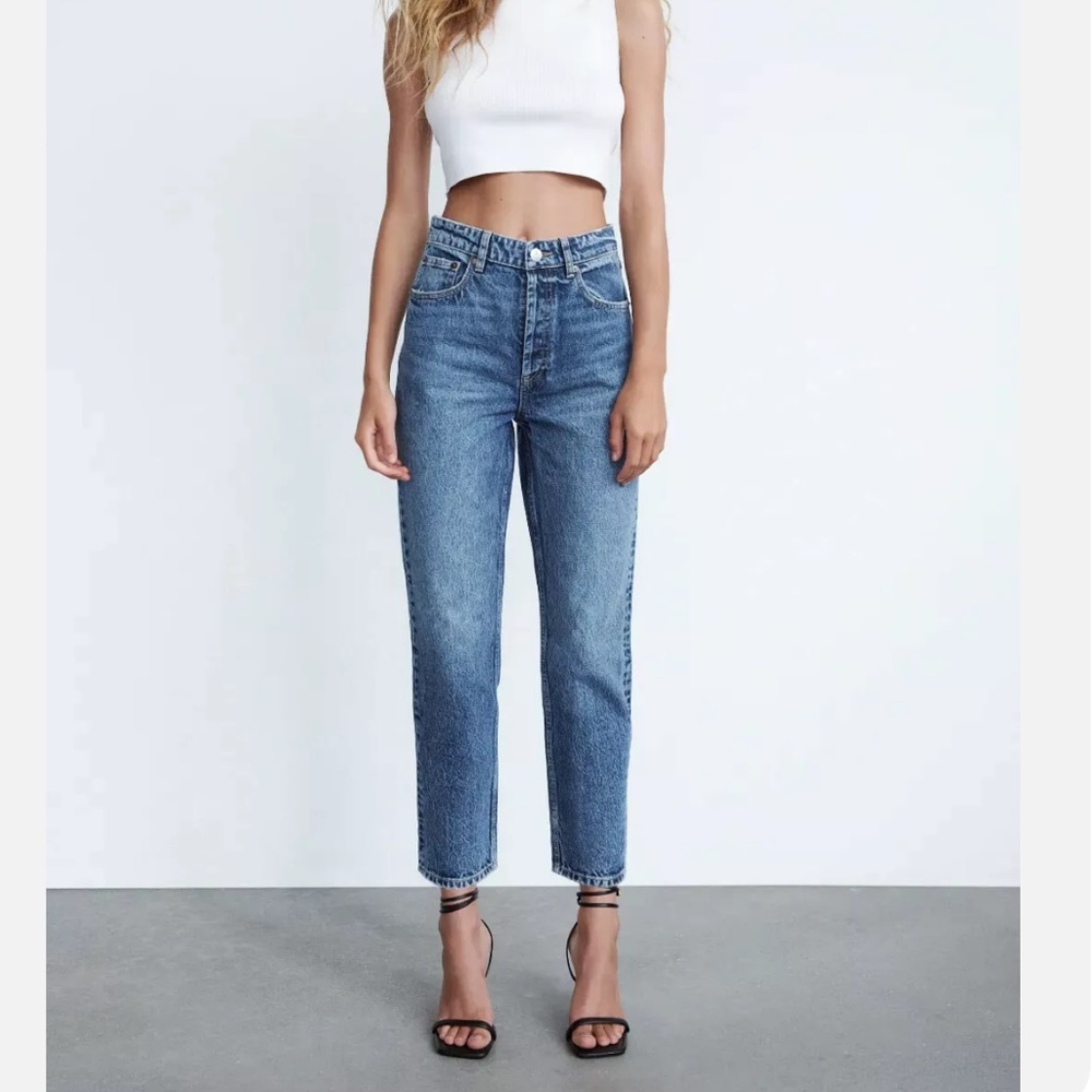 NWT Zara High Rise Straight Leg Ankle Cropped Jeans Navy Blue 4365/237